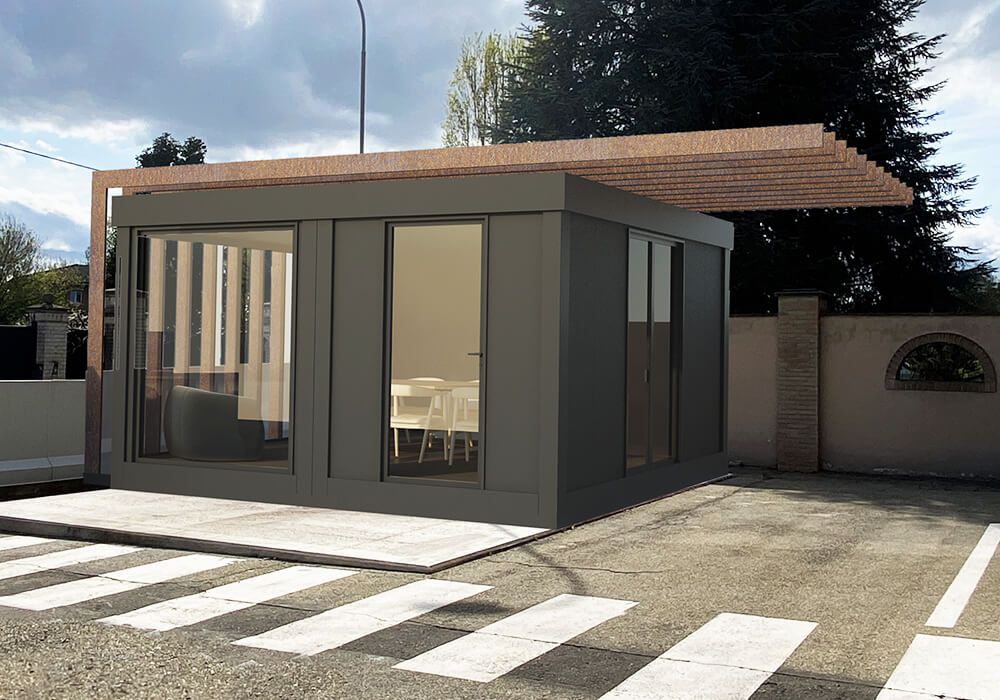 Rendering di una sala riunioni prefabbricata progettata e realizzata da MetalBox con moduli prefabbricati